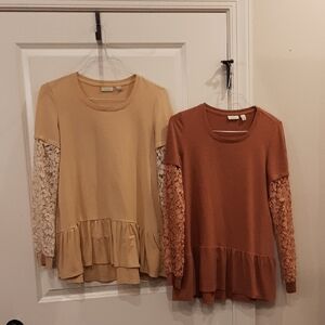 LOGO LOUNGE Lace Sleeve Peplum Tops - Beige and Rust